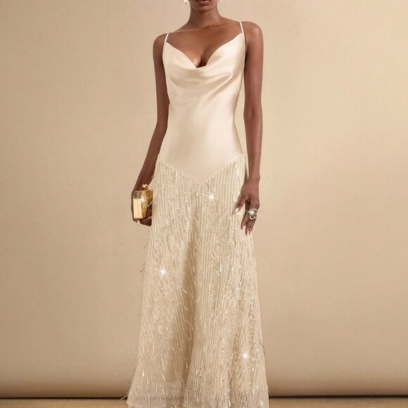 Beige Party Women's Plunging Neck Dress With Sequin Fringe Trim - Picture 5 of 7